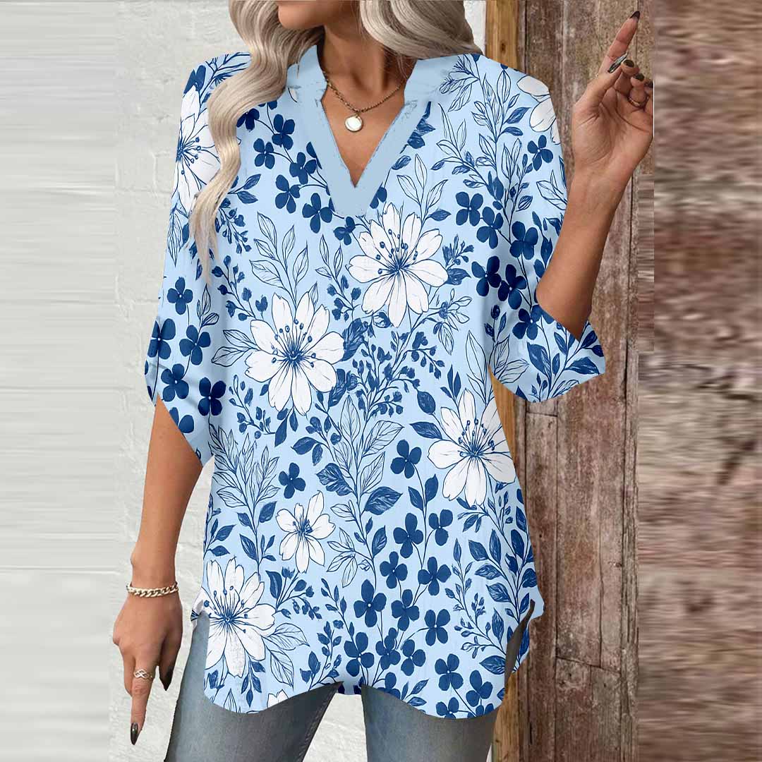 Women Floral, Blue DZGA0351 3/4 Sleeve V-neck Printed Graphic Button Tops