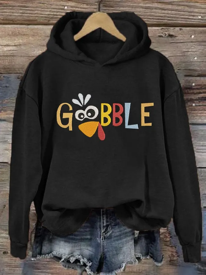 Women's Thanksgiving "Gobble" Printed Casual Hooded Sweatshirt 