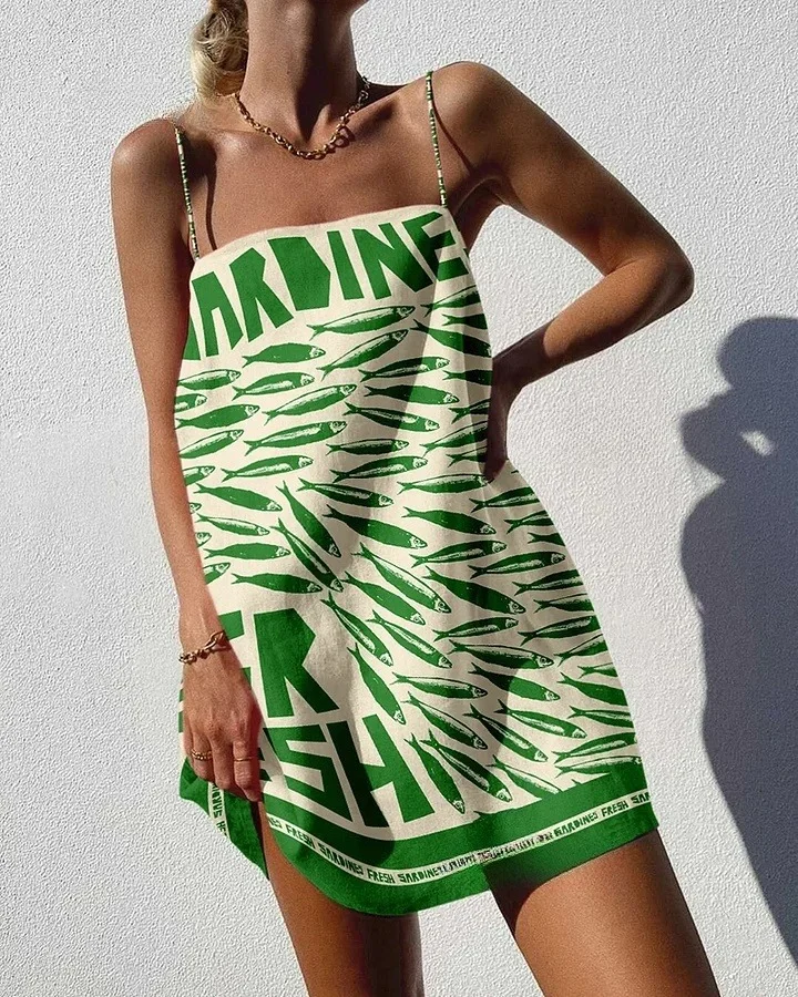 Vintage Blue Sardines Print Mini Dress