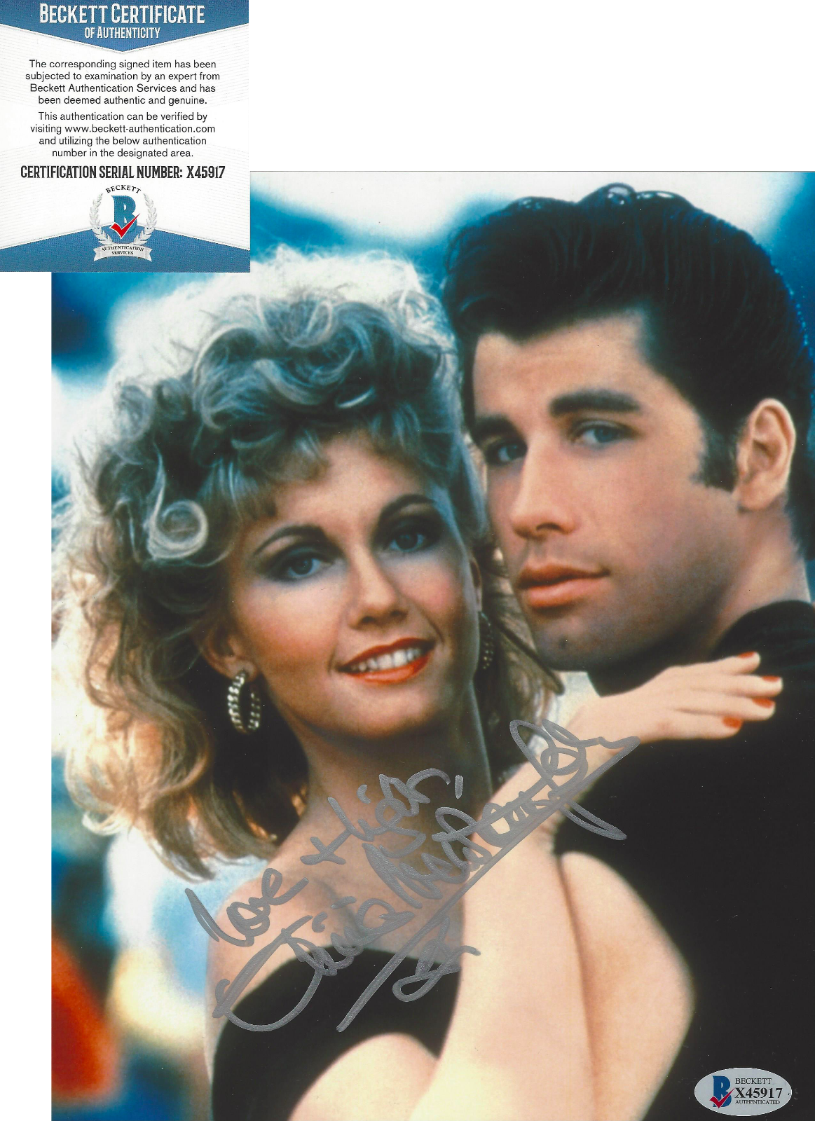 OLIVIA NEWTON-JOHN SIGNED 'GREASE' 8x10 MOVIE Photo Poster painting B ACTRESS BECKETT COA BAS