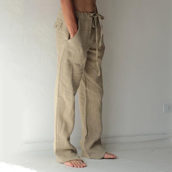 Hokny TD Mens Relaxed Fit Leisure Linen Straight Fit Elastic Waistband Solid Color Pants