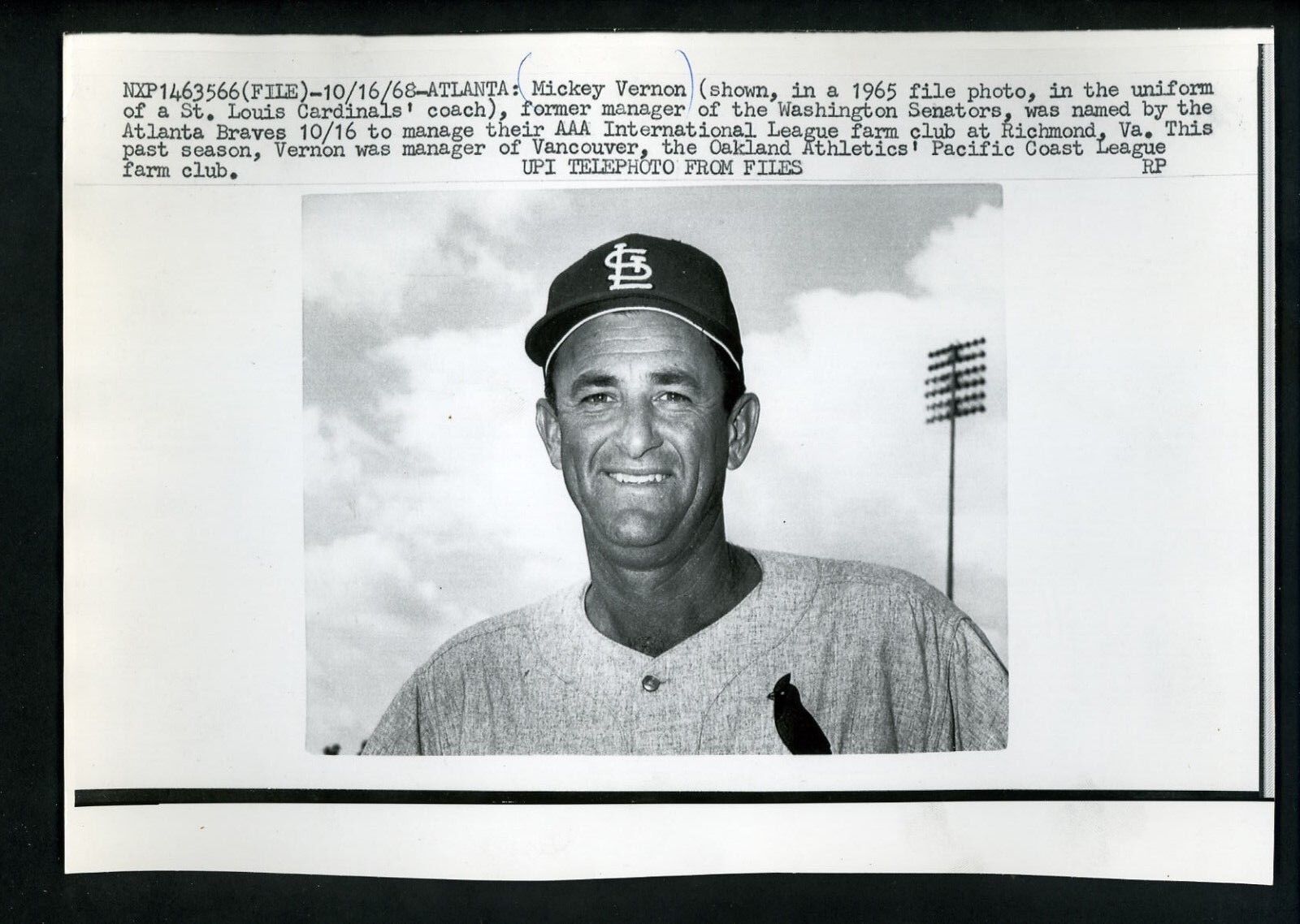 Mickey Vernon Richmond Braves 1968 Press Photo Poster painting St. Louis Cardinals