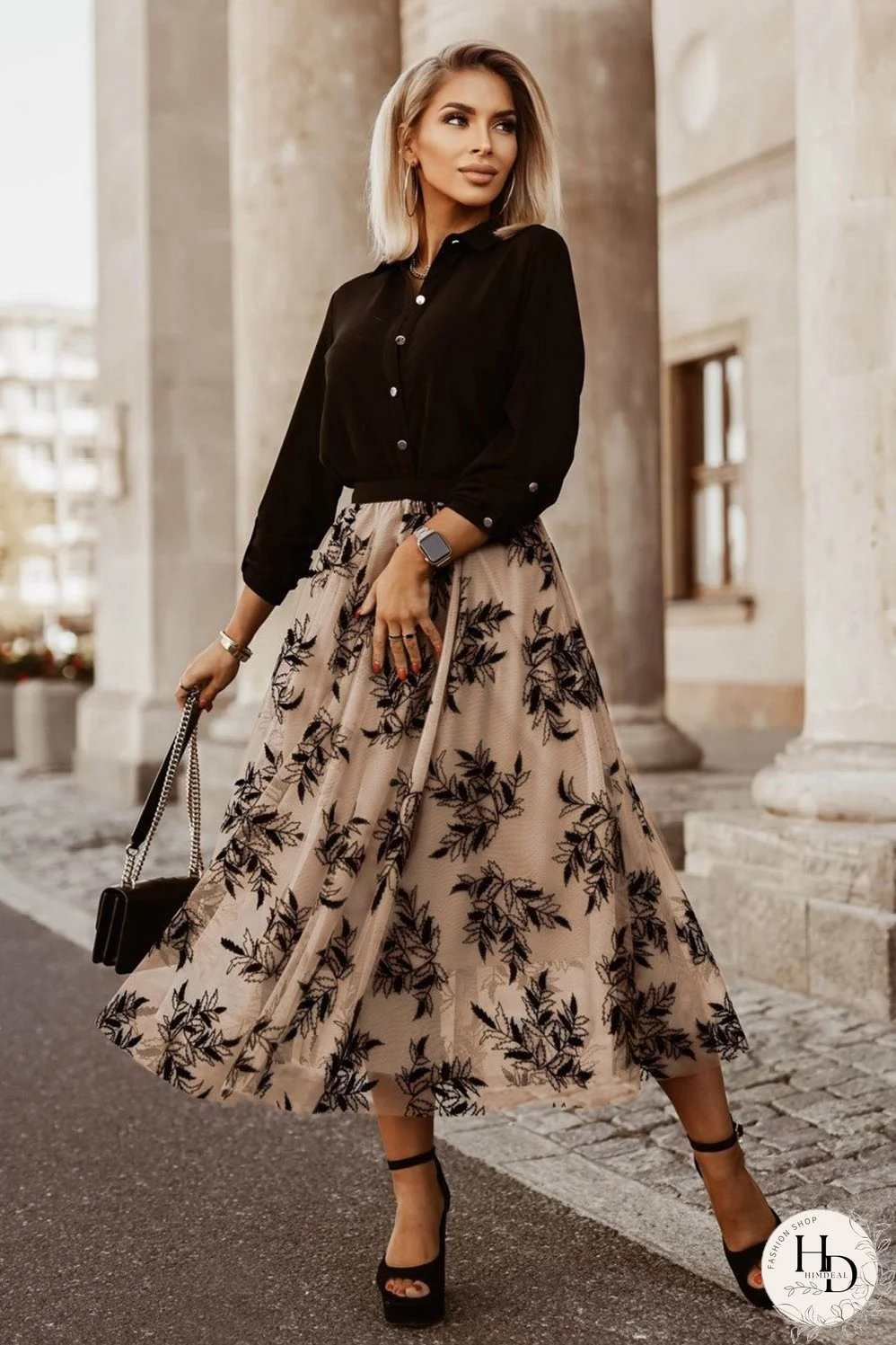 Floral Leaves High Waist Maxi Skirt