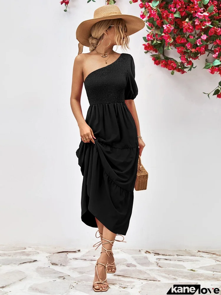 Smocked One-Shoulder Midi Dress