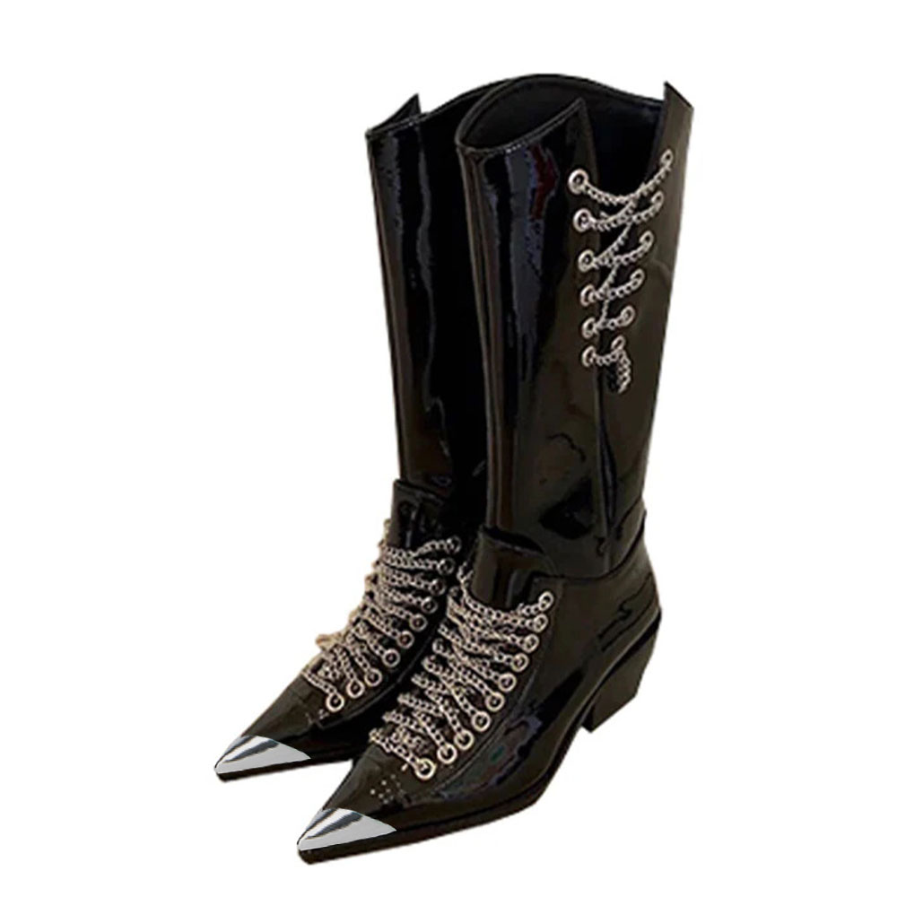 Black Patent Leather Punk Mid-Calf Cowboy Boots with Silver Chain