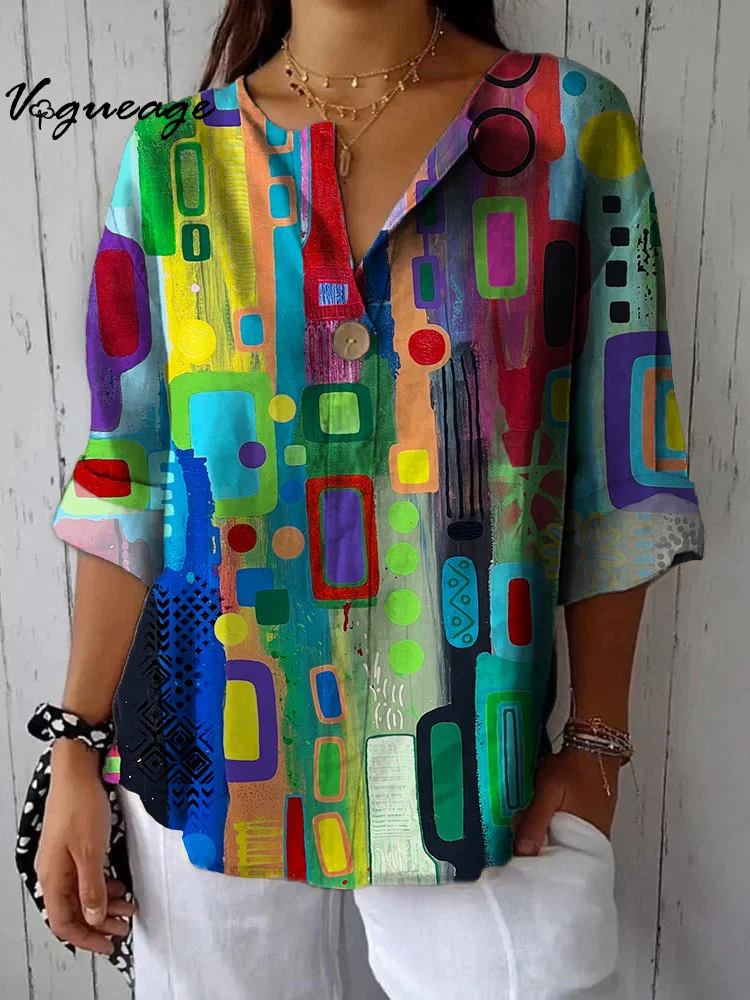 Bright Design Spots And Blocks Of Color Printed Cotton And Linen Shirt
