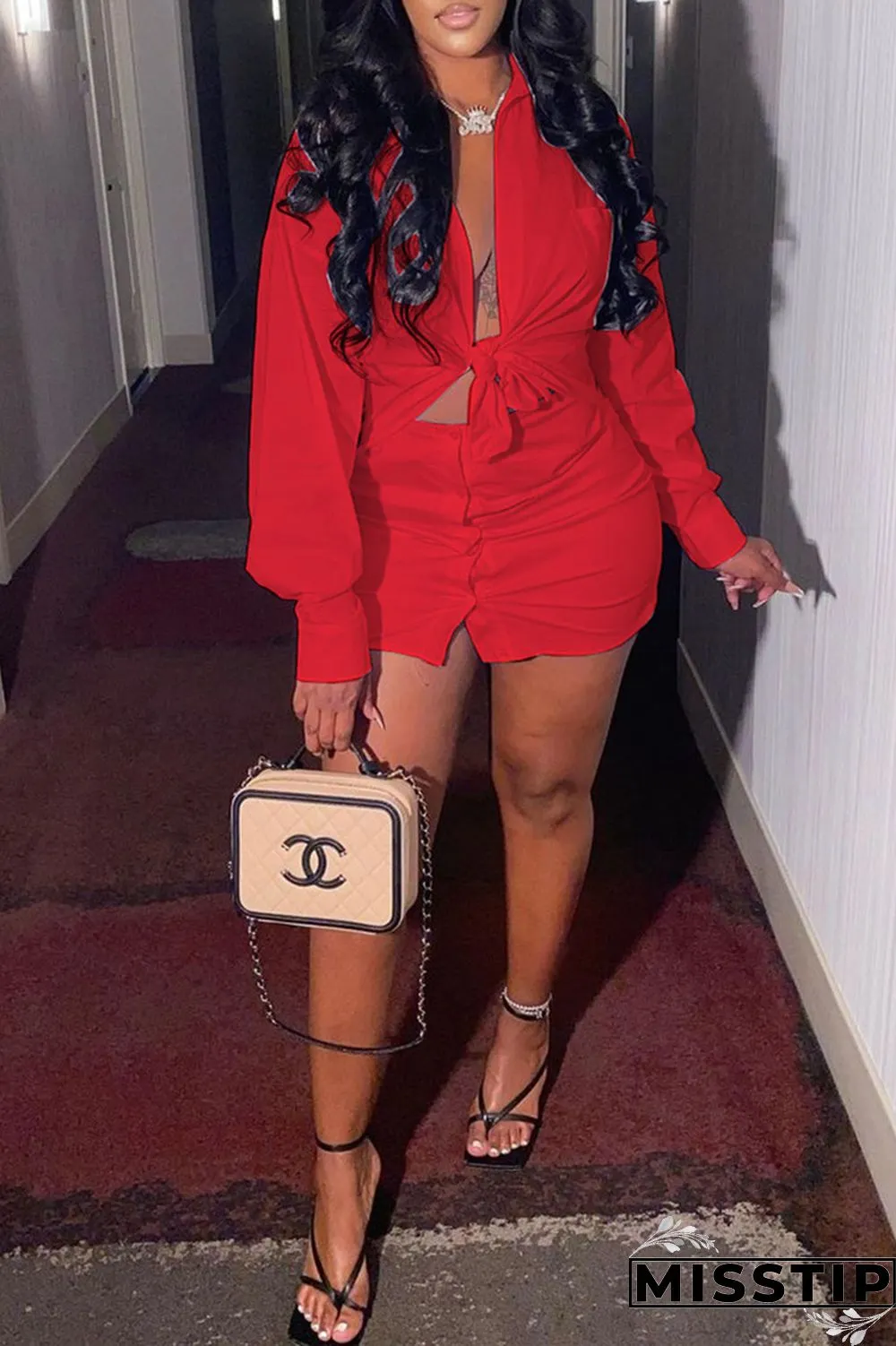 Coffee Fashion Sexy Solid Basic Turndown Collar Long Sleeve Two Pieces