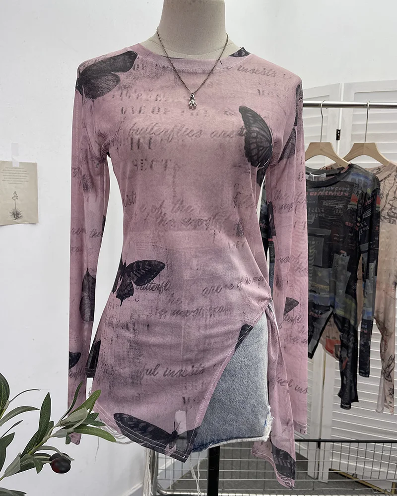 Uveng Vintage Tie-Dye-Print Net Yarn Jersey Long-Sleeved Top Irregularly T-Shirt With Thin Short T-Shirt 1919