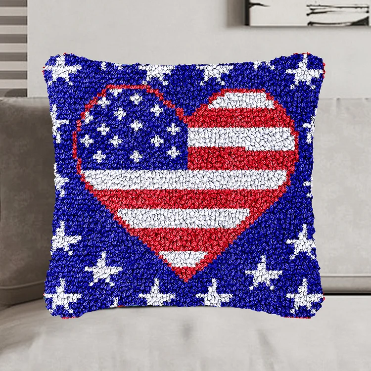 American Flag Heart Pillowcase Latch Hook Kit for Beginner veirousa