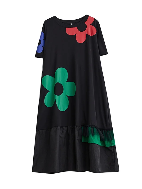 Floral Printed Split-Joint Long Sleeves Loose Lapel Shirt Dress Midi Dresses
