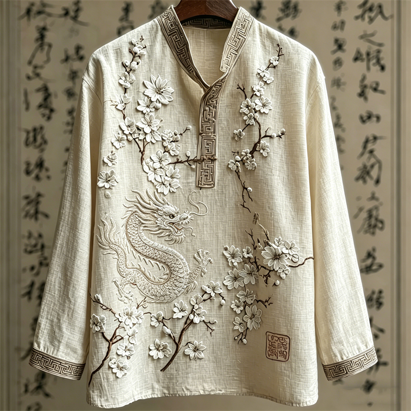 Dragon & Almond Blossom Japanese Art Linen Shirt elevenforest