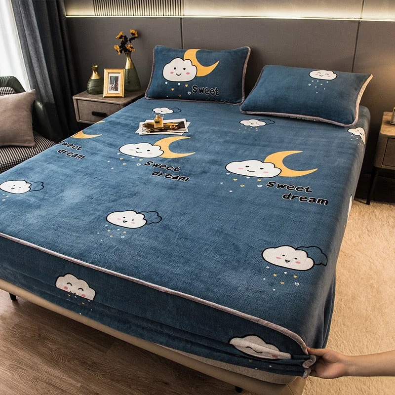 Fashion Soft Flannel Fitted Bed Sheet Warm Cozy Bed Mattress Protector Cover Breathable Mattress Sheet Cover 150x200cm