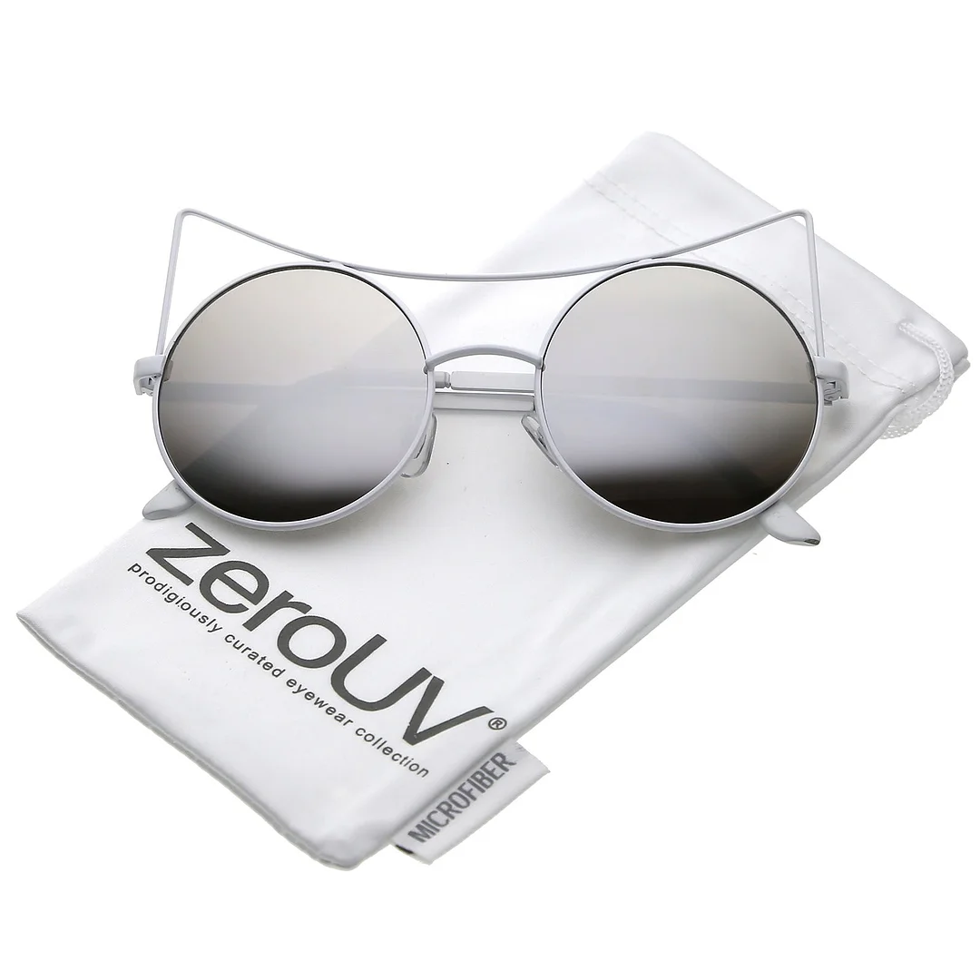 Women's Oversize Open Metal Cat Eye glasses With Colored Mirror Flat Lens 54mm