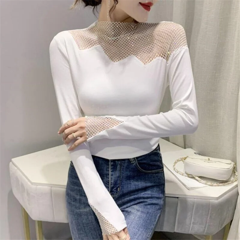 Cutout Shiny Hot Drilling T-shirt Women Round Neck Jumper Tops Long Sleeve Bottoming Tee Spring Basis Base Slim Women’s T-shirt