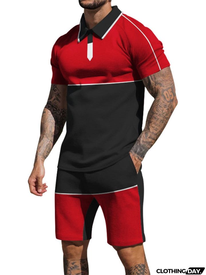 Contrasting Colors Patchwork Two Pieces Summer Sportswear Sets for Men