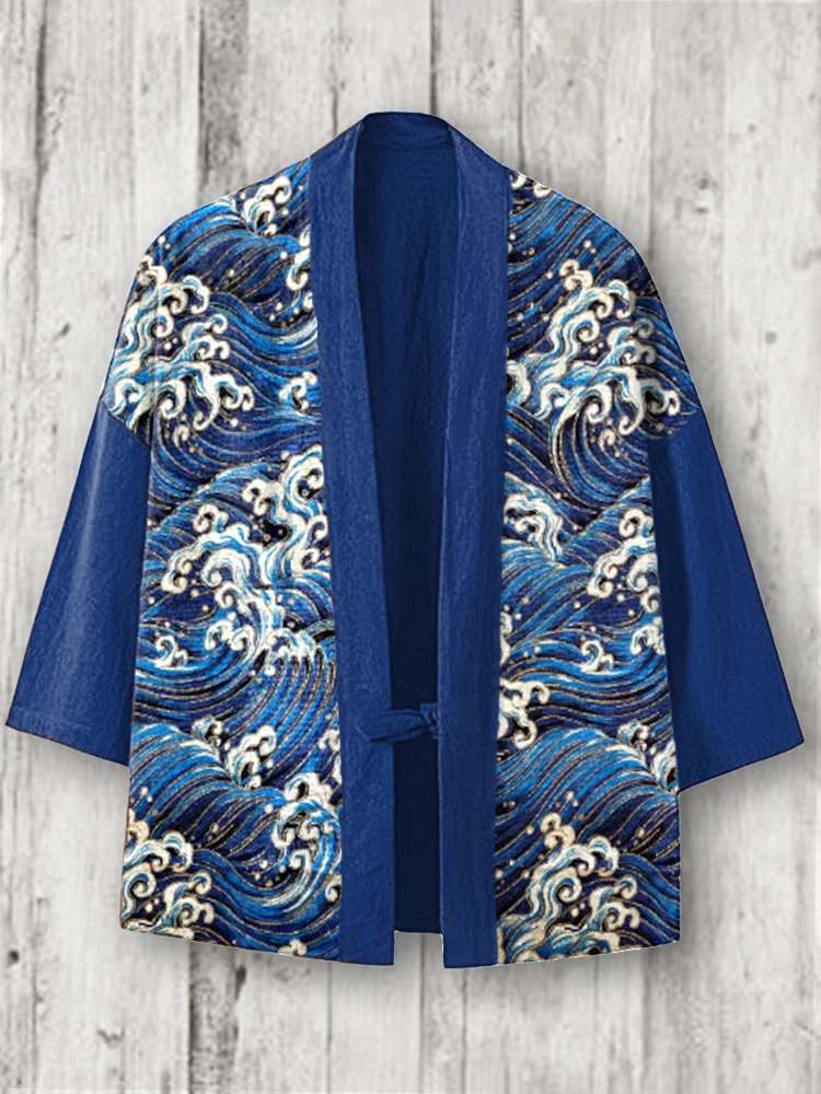 Comstylish Japanese Art Wave Pattern Linen Blend Kimono Cardigan