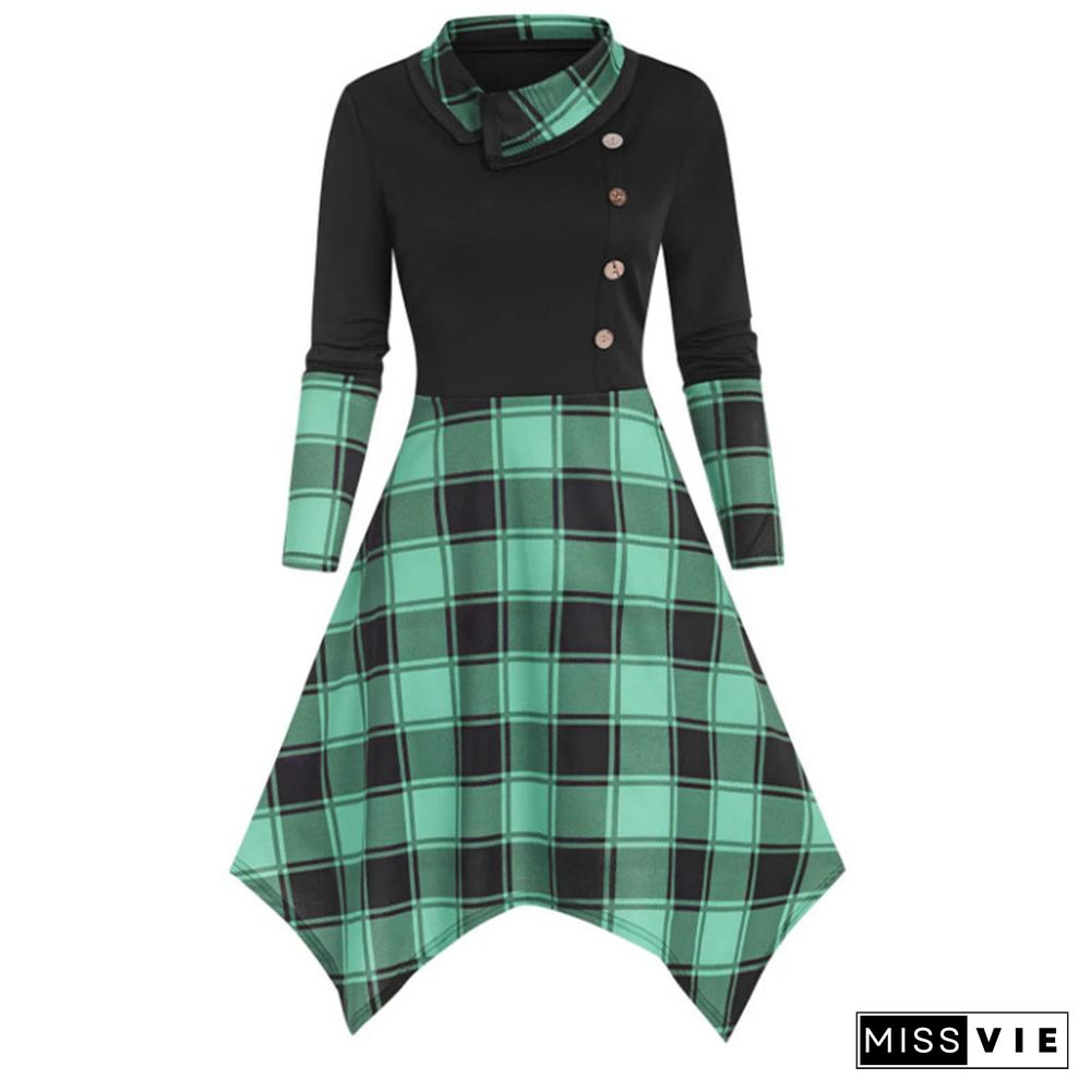 Lapel Button Decor Plaid Splice Irregular Dress