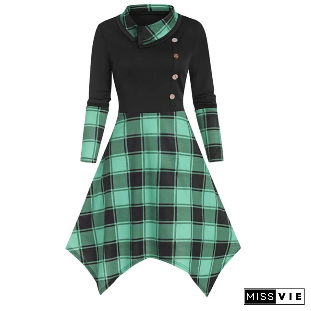 Lapel Button Decor Plaid Splice Irregular Dress