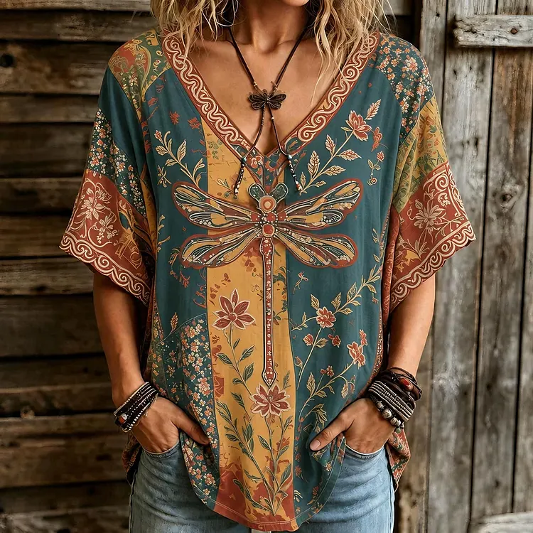 Women's Retro Bohemian Hippie Style Dragonfly And Floral Embroidered V-neck Top