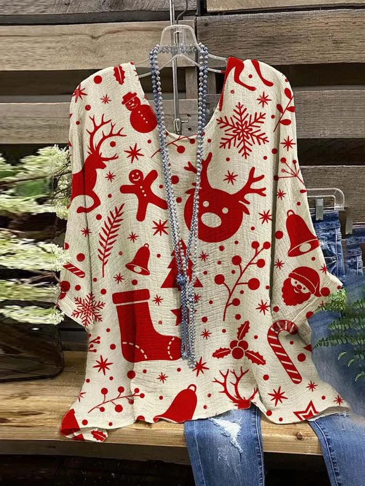 Women's Red Christmas Socks Elk Gingerbread Cookies Art Printed Half Sleeved Top