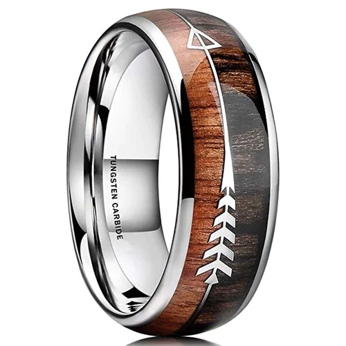 Women's Or Men's Tungsten Carbide Wedding Band Matching Rings,Silver Cupid's Arrow over Wood Inlay,Tungsten Ring with High Polish Dark Wood Inlay,Domed Top Ring With Mens And Womens Rings For 4MM 6MM 8MM 10MM