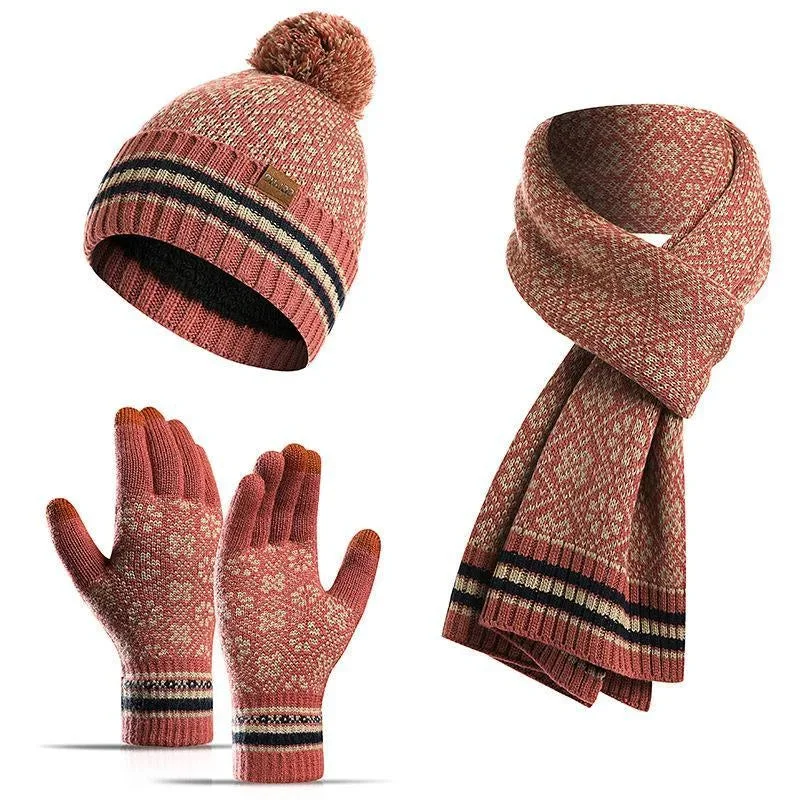 3 in 1 Women Soft Warm Thick Cable Knitted Beanie Hat Scarf & Gloves Winter Set Thickened Lining Cap for Men and Women