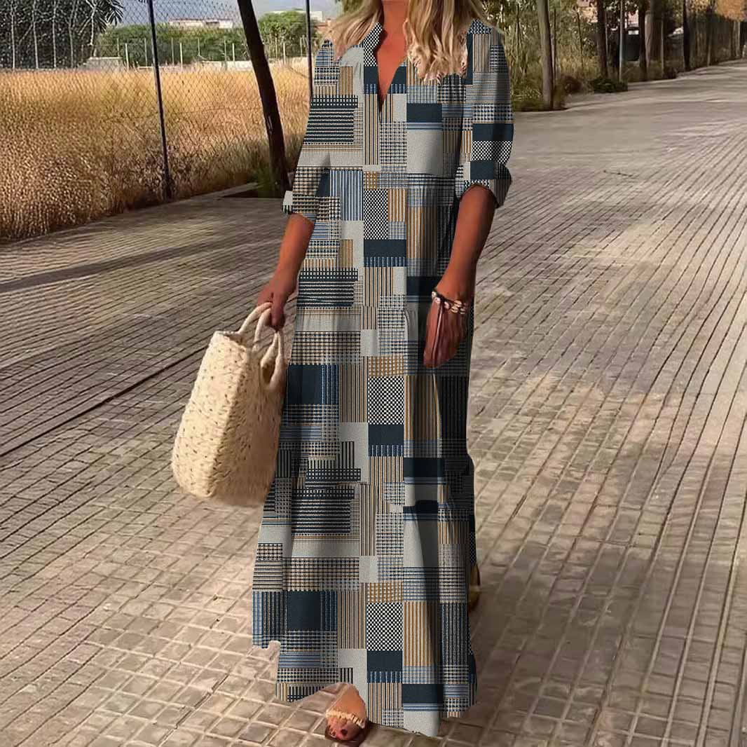 Women Patchwork,Grey,Black DZDN0887 SPU Printed Long Sleeve V-neck Maxi Dress