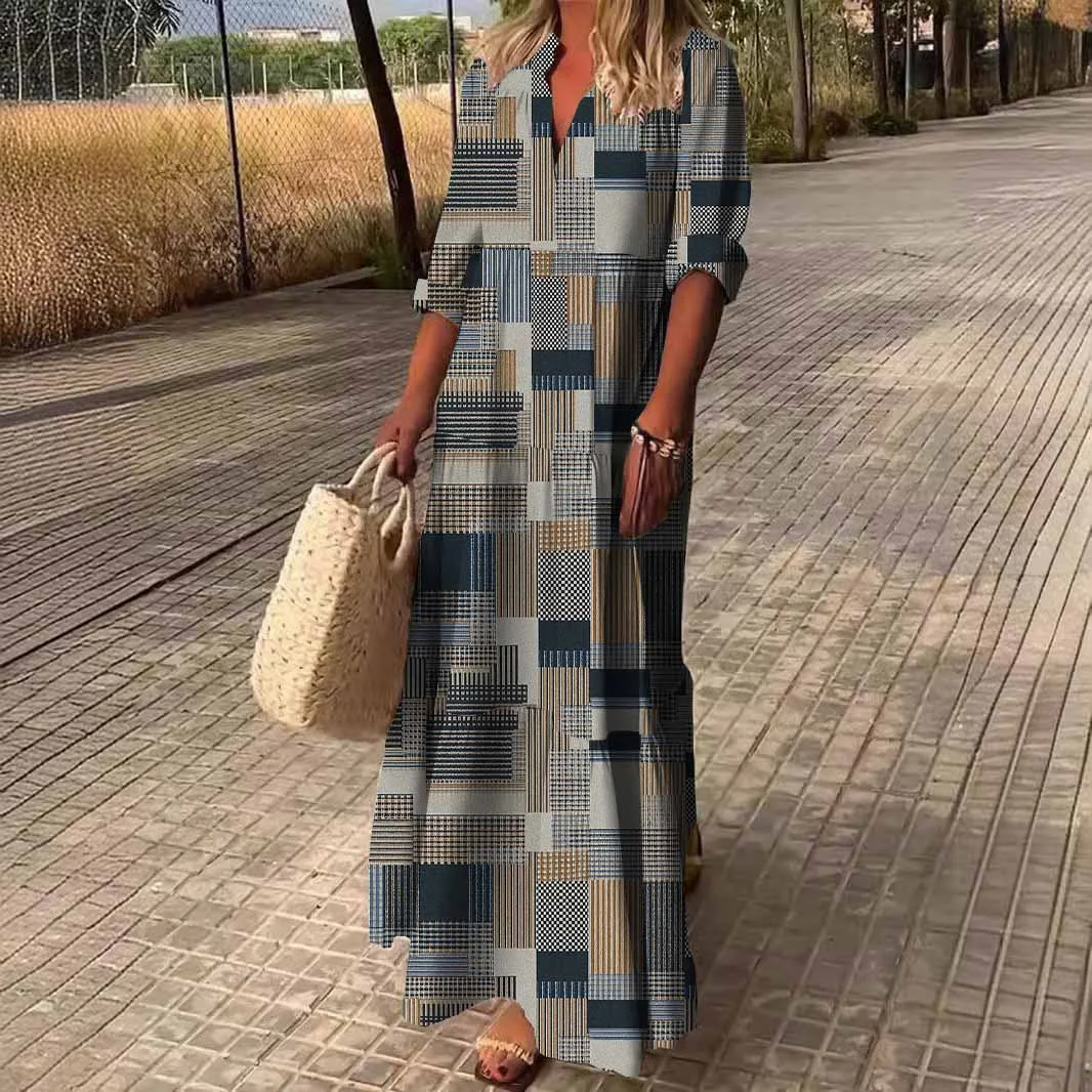 Women Patchwork,Grey,Black DZDN0887 SPU Printed Long Sleeve V-neck Maxi Dress