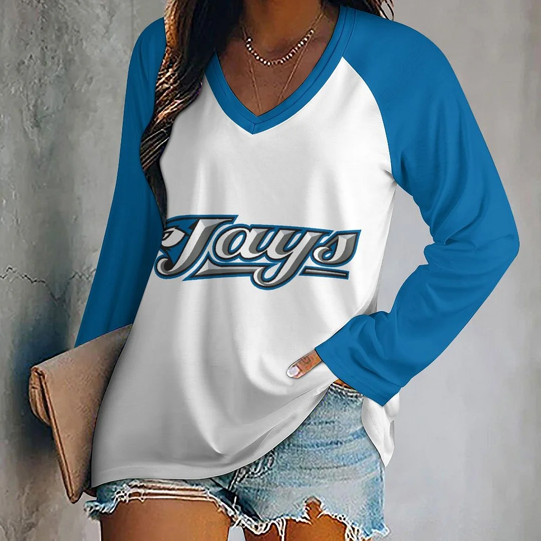 V-neck Long Sleeve Casual T-shirt for  Women and Men Printed with Pattern,Navy,Blue