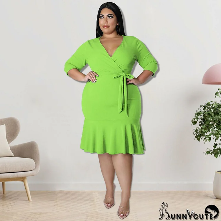 Plus Size Women Clothes Summer Solid Half Sleeve V-Neck Mermaid Midi Dress