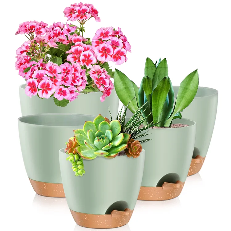 Sanmadrola Planters for Outdoor Plants Flower Pots Set of 5 Self Watering Plant Pots with Drainage Holes and Saucers 7/6.5/6/5.5/5 Inches Plastic Flower Pots for Indoor Outdoor