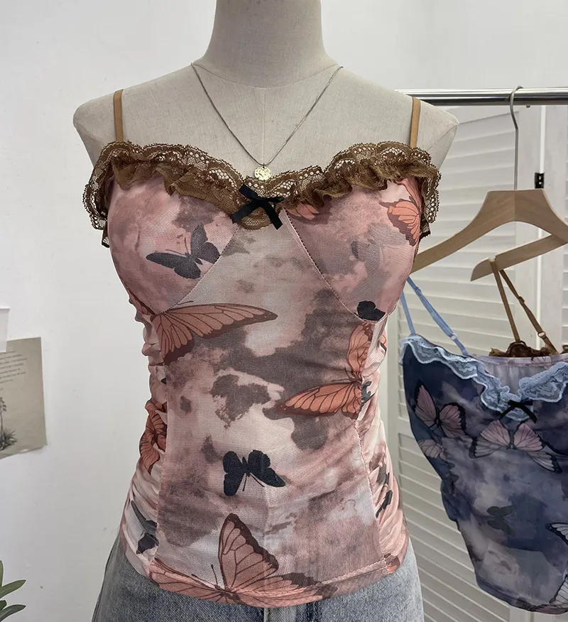 Brownm Real-Shooting Lace Bow Repair Body Tie-Dye-Print Mesh Hottie Pure Desire Sling Vest With Chest Cushion Top 8851