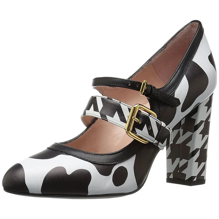 Cow & Houndstooth Printed Black and White Block Heel Mary Jane Pumps |FSJ Shoes