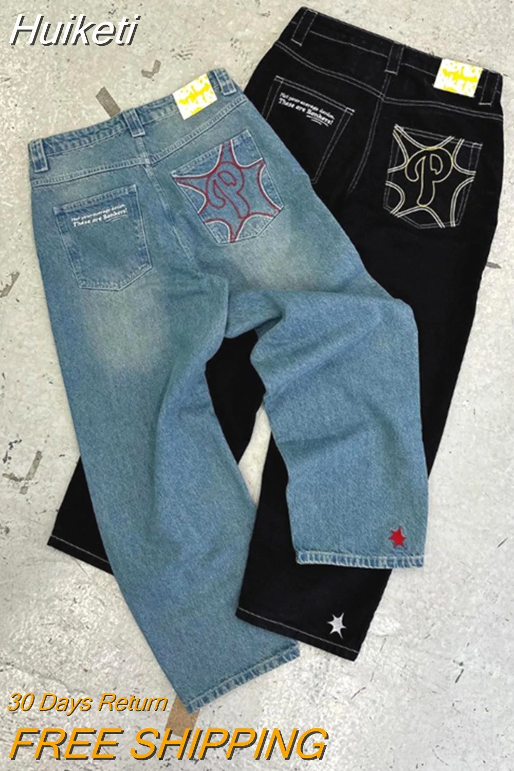 Huiketi Baggy Casual Wide Leg Jeans Women Street Retro Hip Hop Embroidery Jeans Trend Fashion Black High-waist Jean Y2k Men Clothing