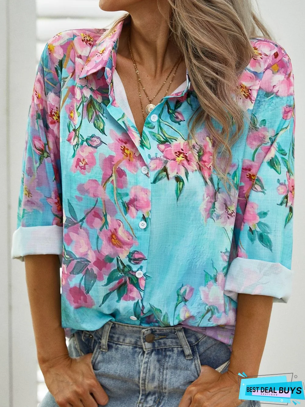 Casual Floral Autumn Polyester No Elasticity Daily Loose H-Line Shirt Collar Blouse for Women