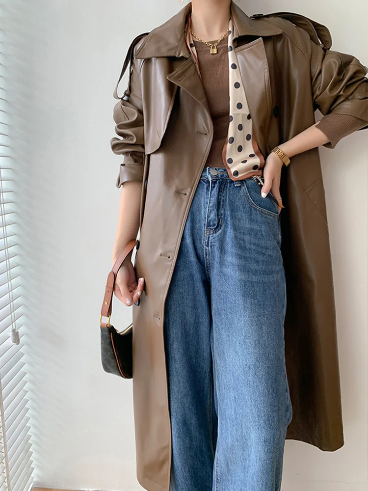 Elegant Solid Color Lapel Double Breasted Long Leather Jacket Pu Trench Coat with Belt