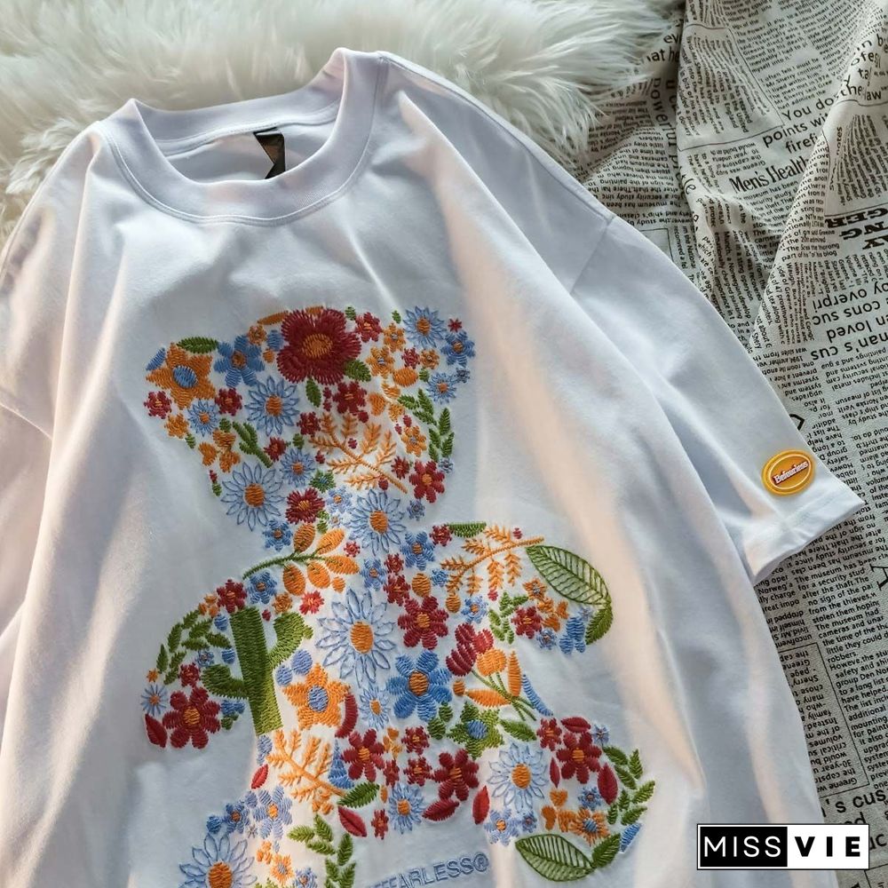 S-5XL Plus Size Women Cotton Oversized T-shirts Couple Harajuku O-Neck Loose Tees Embroidered Plant Bear Half Sleeve Shirt Tops