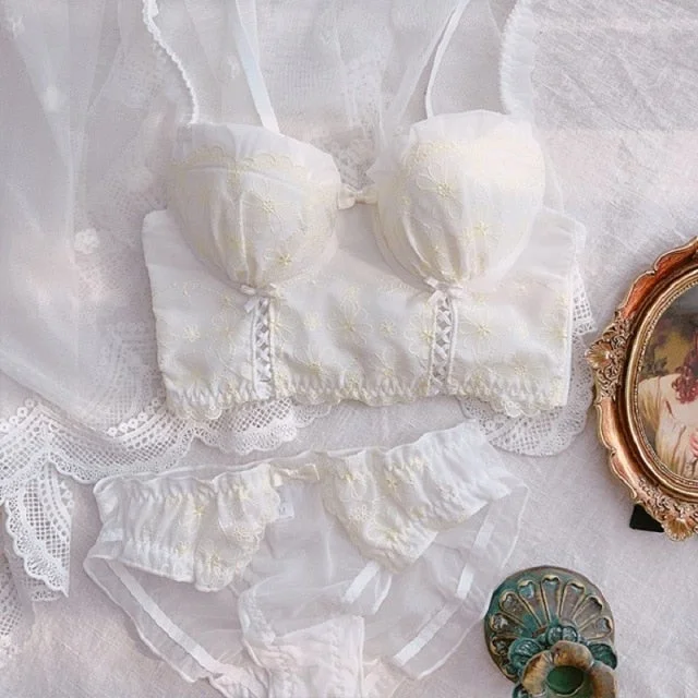  Girls Flower Angel Princess Two Piece Lace and Bows Padded Lingerie Set Novameme