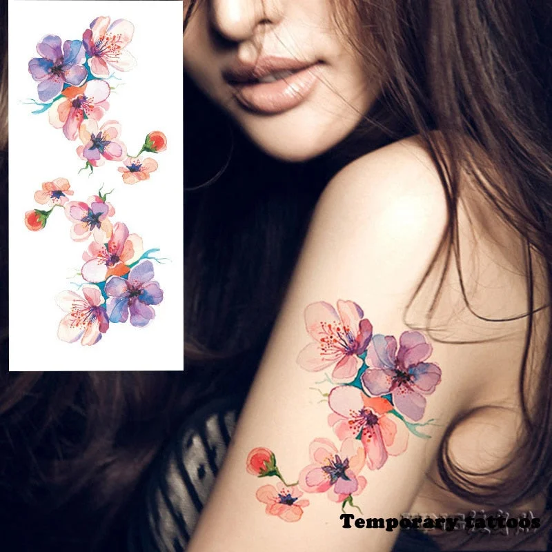 1 Piece Temporary Tattoo Sticker Colorful Peach Blossom Design Women Shoulder Body Art Water Transfer Tattoo Sticker Fashion