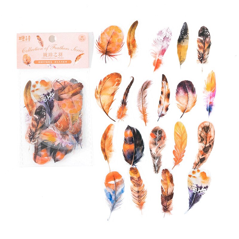 JOURNALSAY 40 Sheets Creative Feathers PET Waterproof Sticker Pack DIY Journal