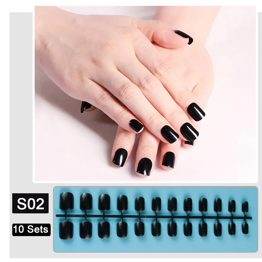 10 Sets/Pack Mixed Solid Colors Coffin Round Square Almond Shape False Nails Full Cover Nail Tips Short Fake Nails Tip Manicure-Nail Inspo