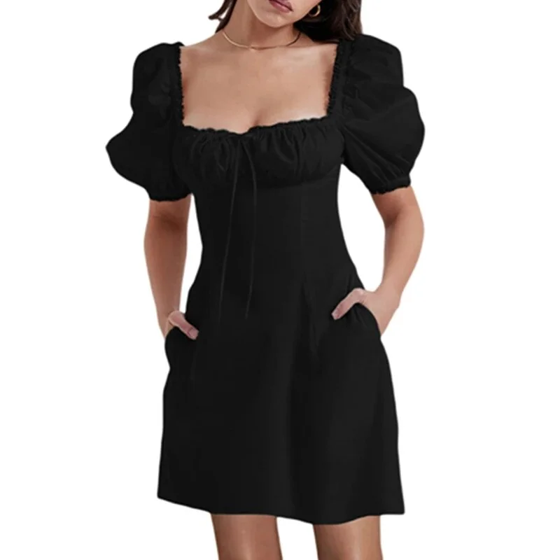 Uveng Corset Dress Women Solid Color Lace Trim Square Collar Spaghetti Strap Sleeveless A Line Mini Dress y2k Dresses Clubwear