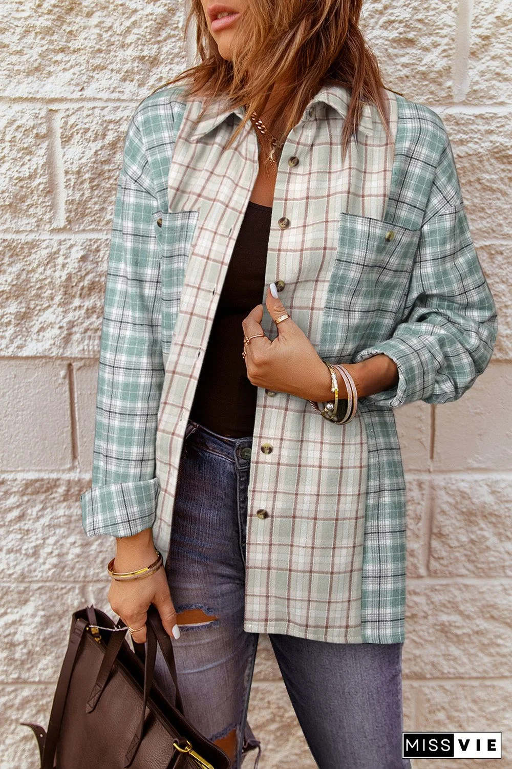 Plaid Color Block Pocket Button-up Long Sleeve Shirt