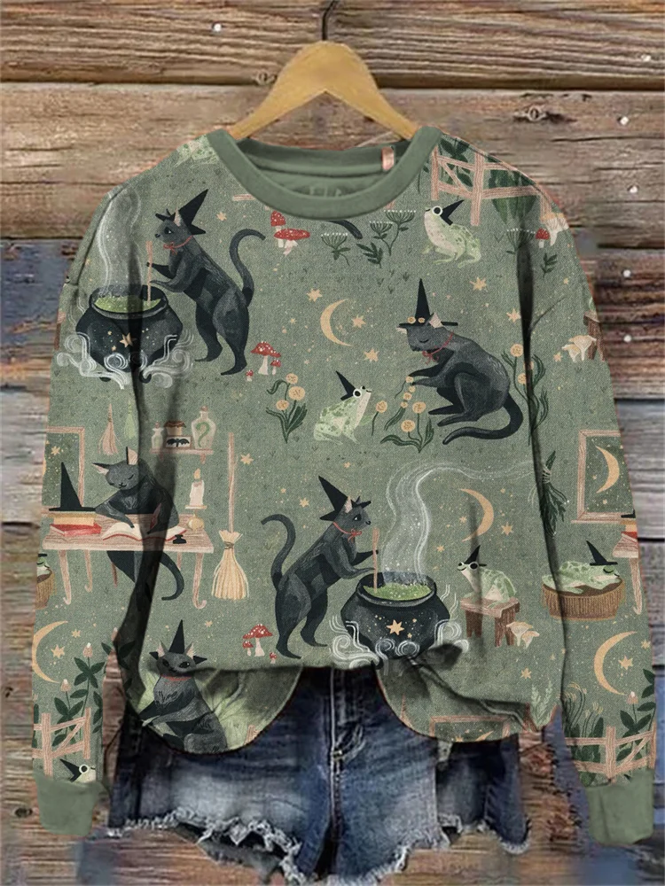 Sweatshirt mit „Forest Magic“-Print und schwarzer Katze