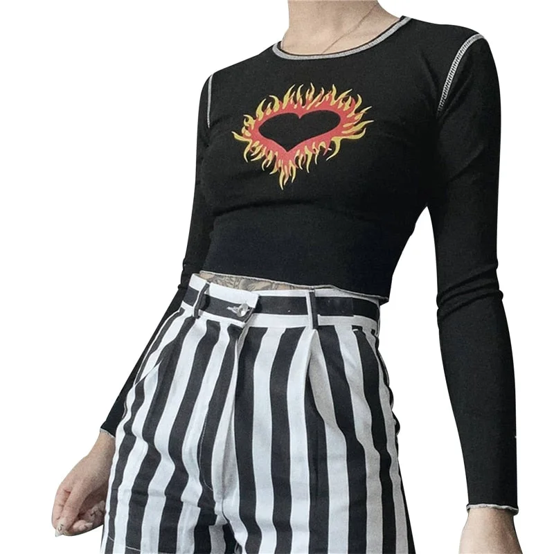 Xingqing Harajuku Graphic Tees E-girl Tops Letter Print Cute T-shirts Y2K Women Vintage 90s Aesthetic Patchwork Long Sleeve