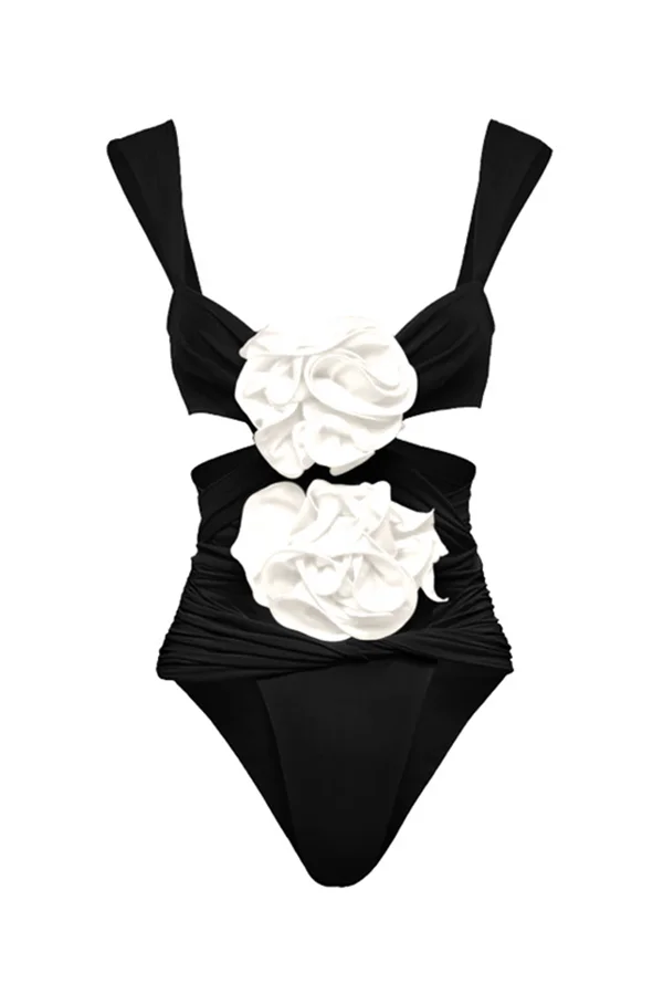 Solid Color Flower Suspender One Piece Swimsuit