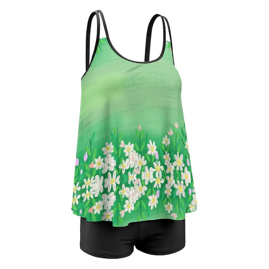 ROTITU Floral,White,Green Print High Waisted Plus Size Tankini Set