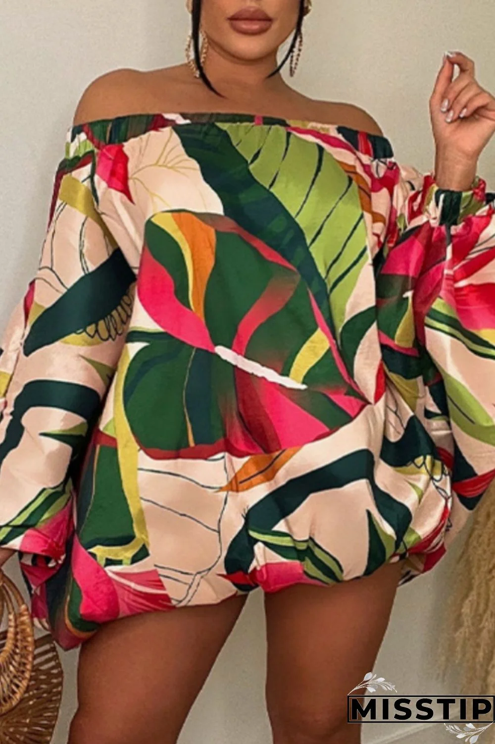 Apricot Casual Print Backless Off the Shoulder Long Sleeve Dresses