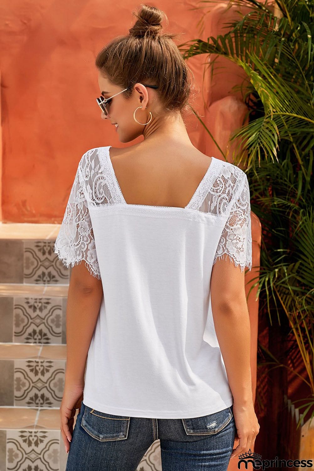 White Sweet Side Lace Short Sleeve Deep V Neck T-shirt