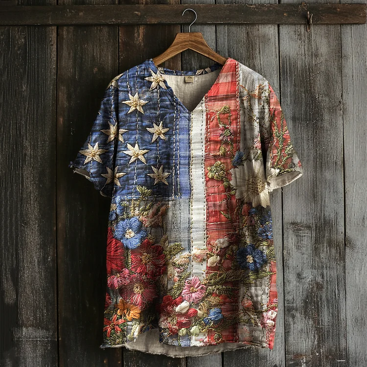 Men's Independence Day Flag Floral Cotton And Linen T-shirt